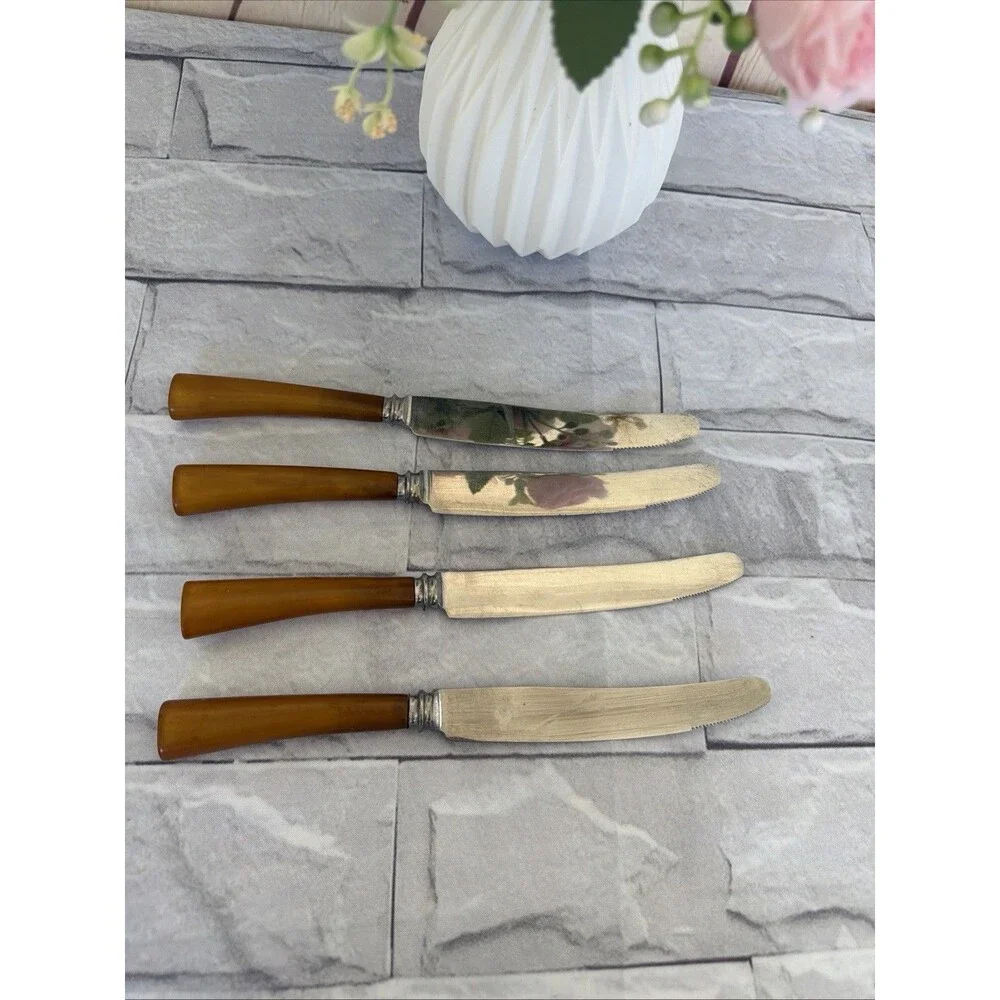50/60’s Bakelite Butterscotch Set Of 4 Knives LATHAM & OWEN SHEFFIELD ENGLAND